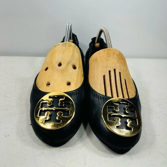 TORY BURCH BLACK LEATHER GOLD REVA BALLET FLATS SZ 9 - Picture 2 of 6
